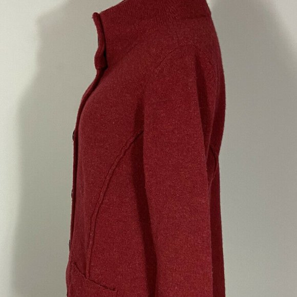 🍎 Eileen Fisher Cardigan Sweater S Red Pockets Mock Neck Hi Low Hem Wool - Picture 6 of 8